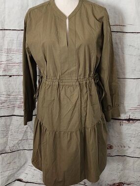 RAILS IVY MOSS GREEN LONG SLEEVE CINCH WAIST TIERED COTTON DRESS Size XS